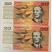 AUSTRALIA 1993 . TWENTY 20 DOLLARS BANKNOTES . FRASER/EVANS . CONSECUTIVE FOUR . LAST PREFIX ADK